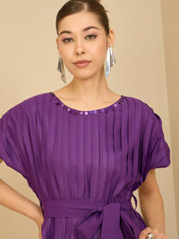 Antheaa Women Pleated Fit & Flare Midi Dress With Belt