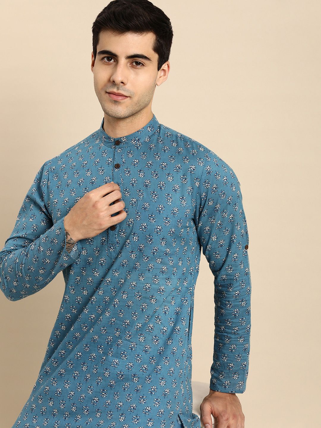 Anouk Men Blue Printed Pure Cotton Kurta with Trousers