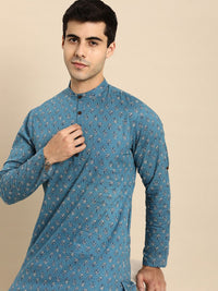 Anouk Men Blue Printed Pure Cotton Kurta with Trousers