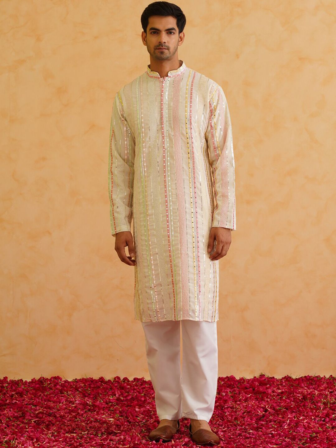 SOJANYA LUXE Striped Embroidered Mandarin Collar Sequined Straight Kurta