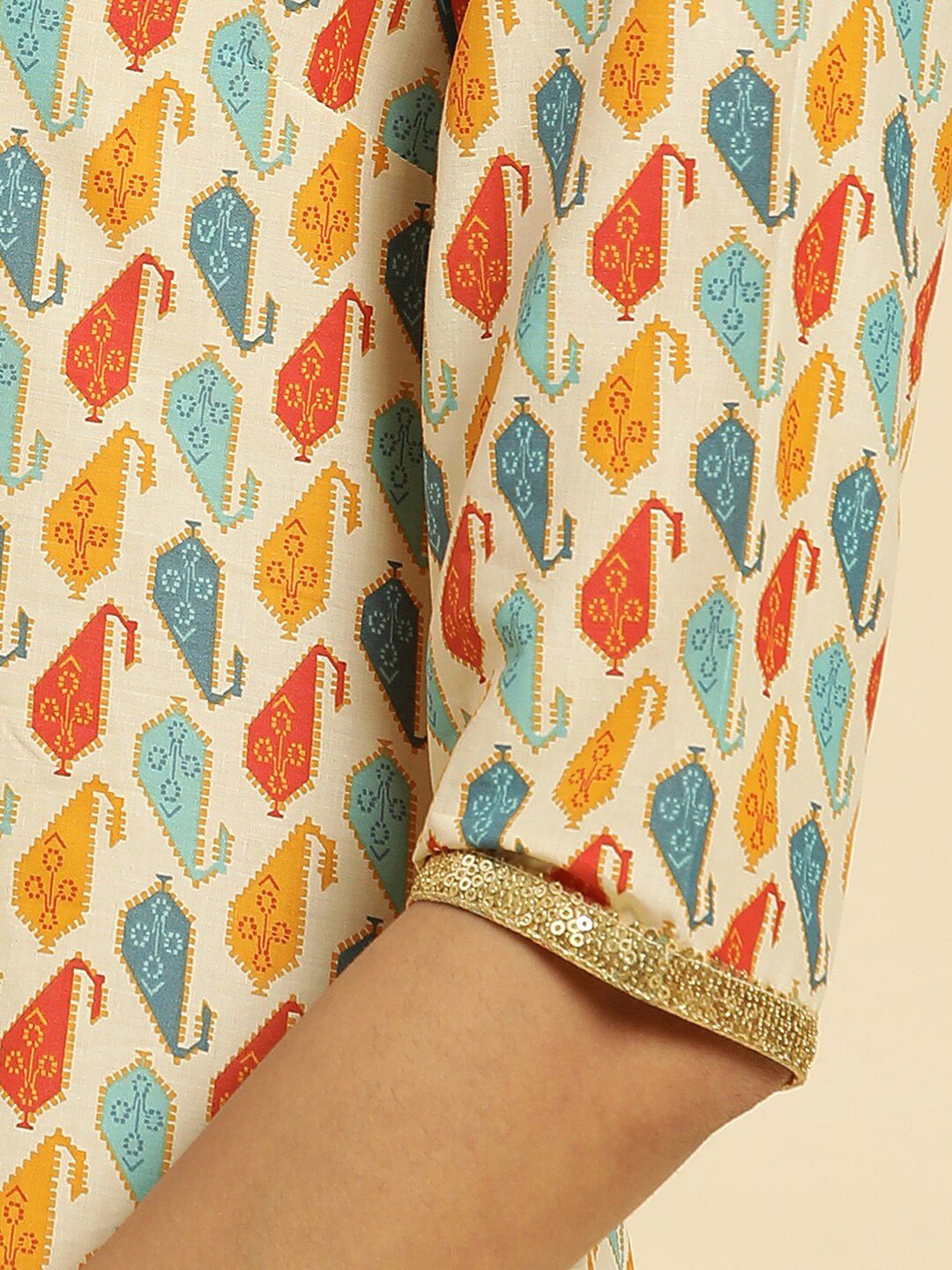 W Ethnic Motifs Printed Thread Work Pure Cotton A-Line Kurta