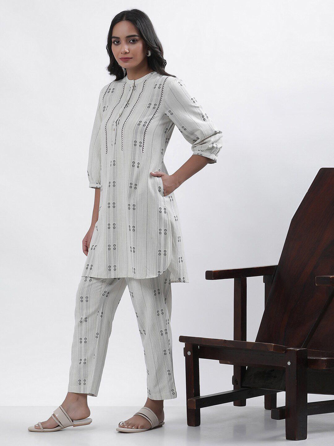 W Grey Geometric Printed Tunic With Trousers Set