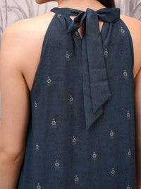 Vishudh Navy Blue Floral Print Tie-Up Neck Gathered Maxi Dress