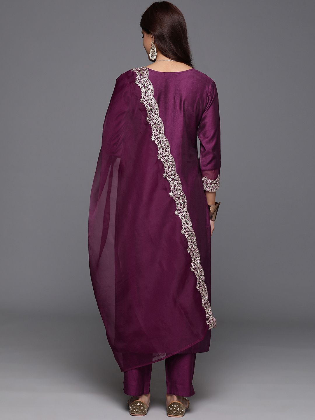 Indo Era Floral Embroidered Sequinned Liva Kurta with Trousers & Dupatta