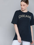 DILLINGER Women Navy Blue Printed Round Neck Longline Oversized Pure Cotton T-shirt