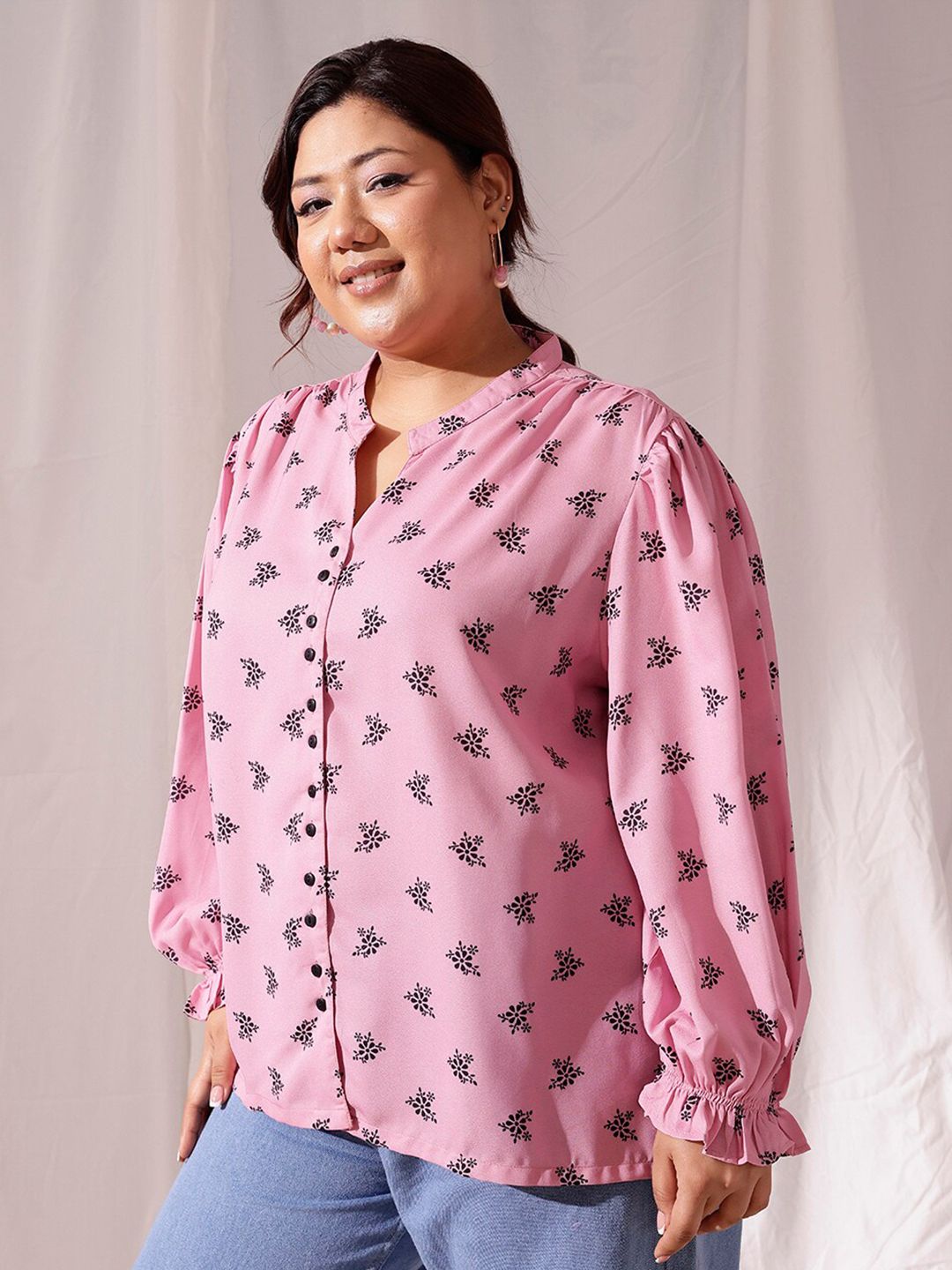 CURVY STREET Plus Size Comfort Floral Printed Mandarin Collar Casual Shirt