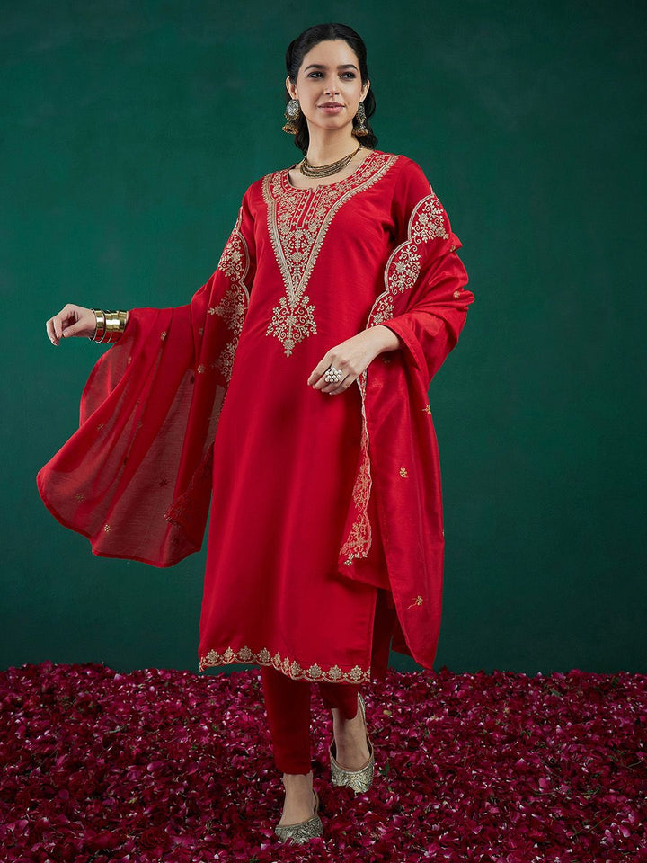 Indo Era Red Ethnic Motifs Embroidered Regular Kurta with Trousers & Dupatta