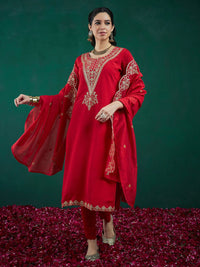 Indo Era Red Ethnic Motifs Embroidered Regular Kurta with Trousers & Dupatta