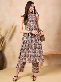 Anouk Beige Kalamkari Printed Halter Neck Pure Cotton A-Line Kurta With Palazzos