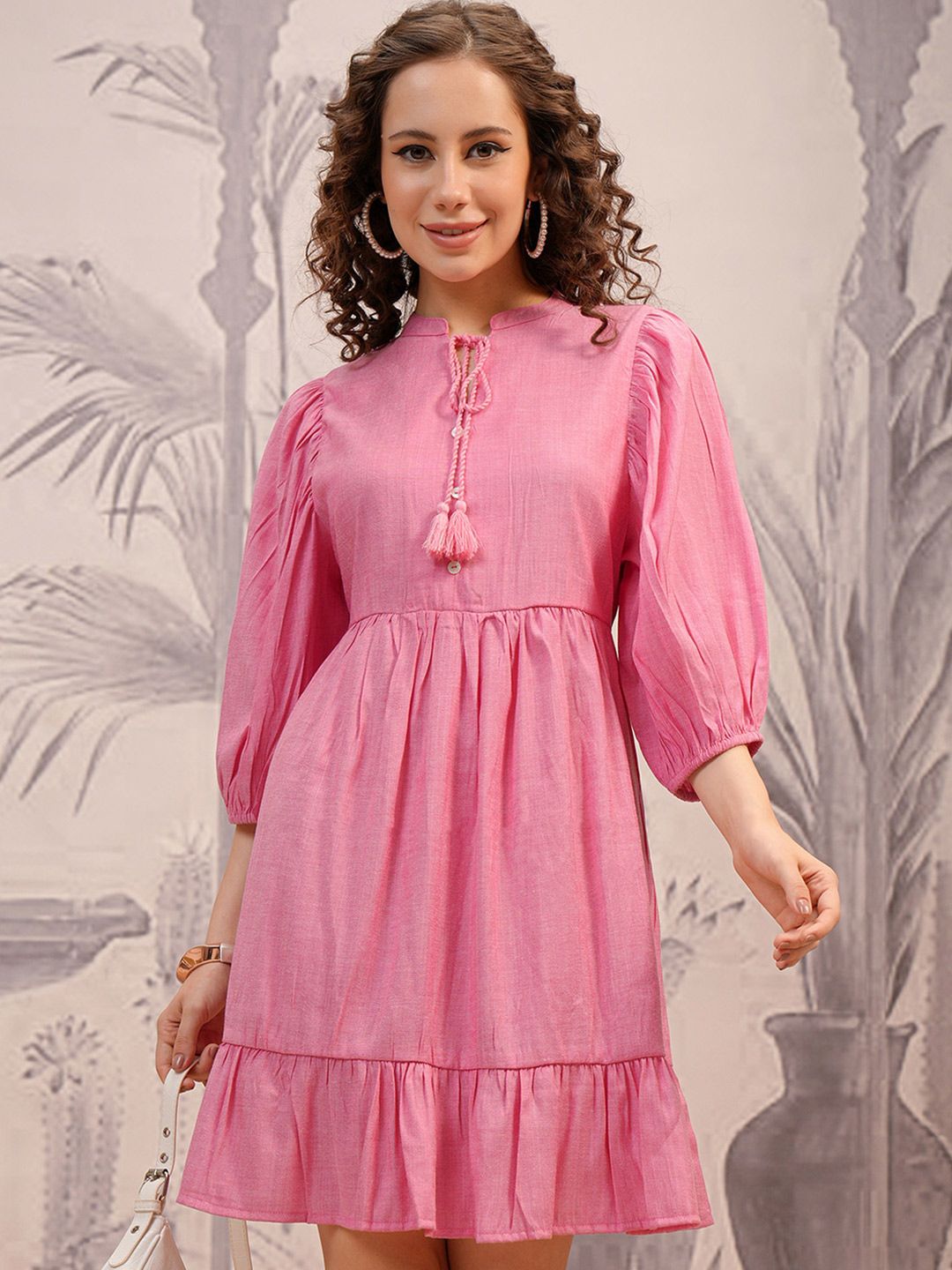Vishudh Pink Tie-Up Neck Puff Sleeves A-Line Dress