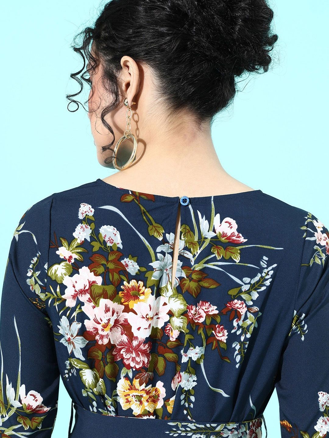 Berrylush Women Navy Blue Floral Self Belted Mini Fit & Flare Dress