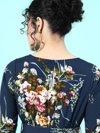 Berrylush Women Navy Blue Floral Self Belted Mini Fit & Flare Dress