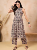 Anouk Beige Kalamkari Printed Halter Neck Pure Cotton A-Line Kurta With Palazzos