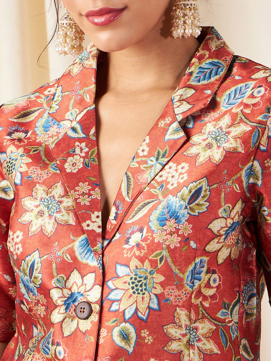 Shae by SASSAFRAS Women Rust Orange Floral Printed Single Breasted Blazer