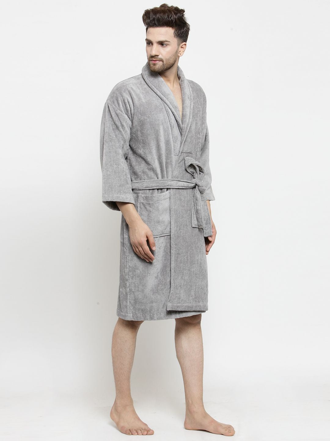 MYTRIDENT Unisex Grey Solid Bath Robe