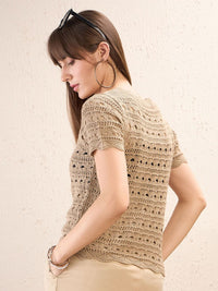 SASSAFRAS Self Design Round Neck Crochet Shirt Style Top