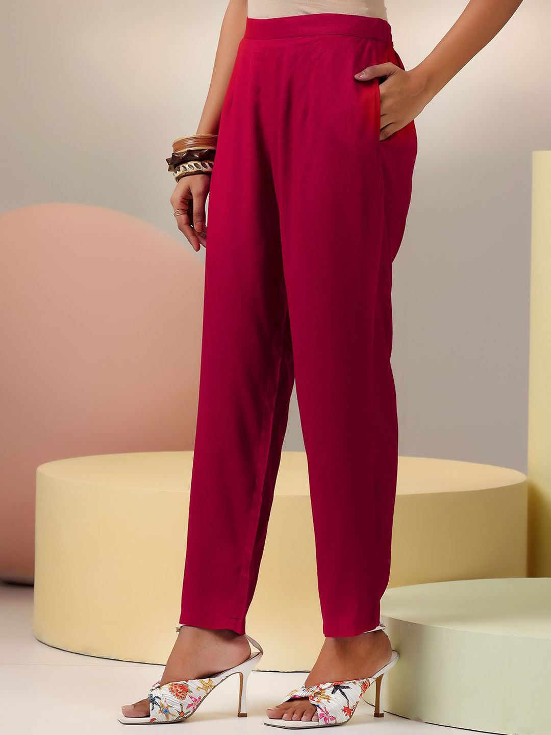 Libas Red Mandarin Collar Tunic & Trousers