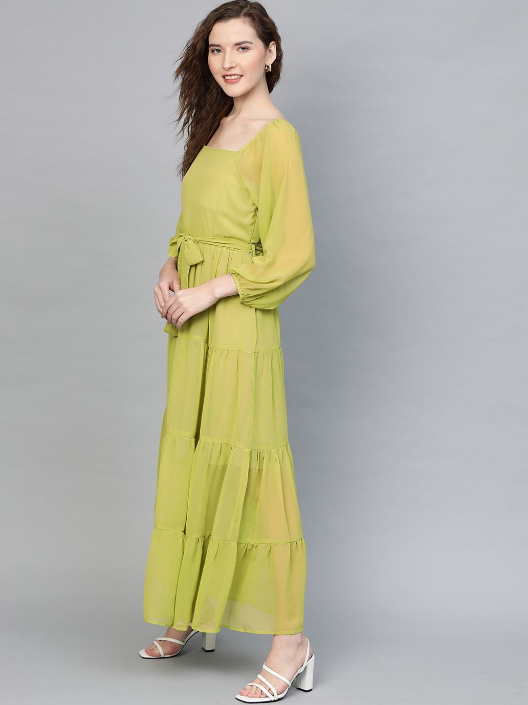 SASSAFRAS Lime Green Tiered Pleated Maxi Dress