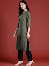 Anouk Thread Work Detail Calf Length Straight Kurta with Mock Buttons