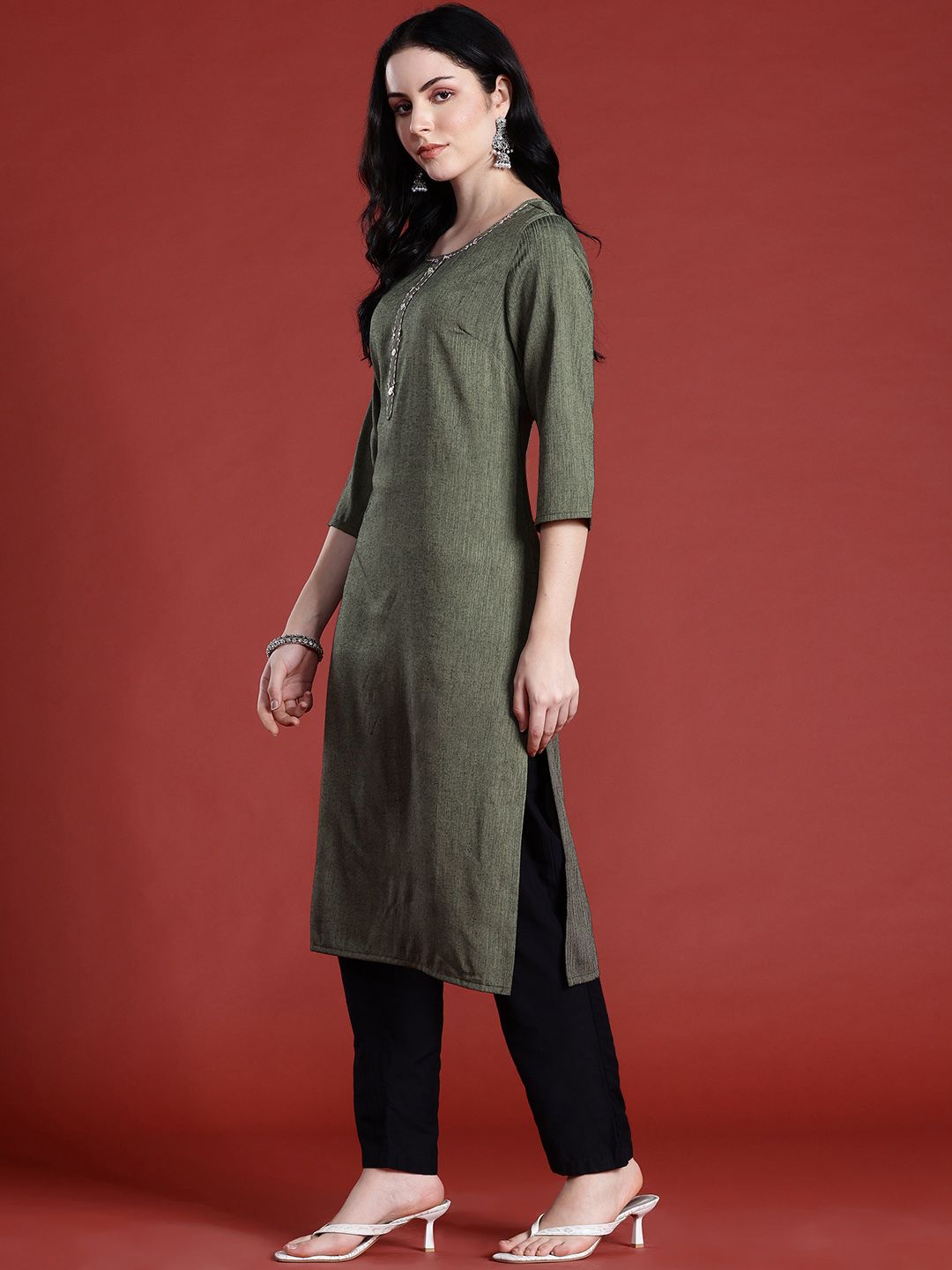 Anouk Thread Work Detail Calf Length Straight Kurta with Mock Buttons