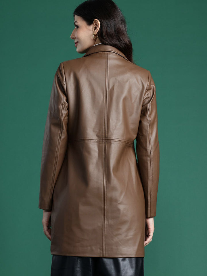 DressBerry Notched Lapel Collar Faux Leather Overcoat