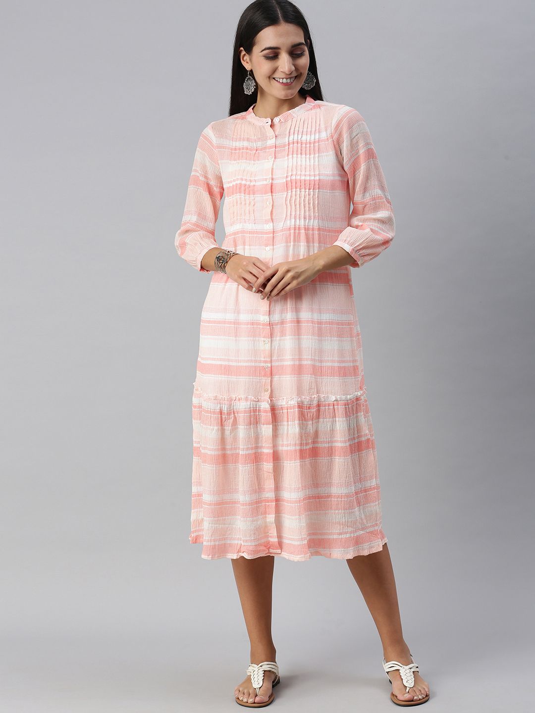 Global Desi Light Pink & White Striped Mandarin-Collar Tiered A-Line Dress