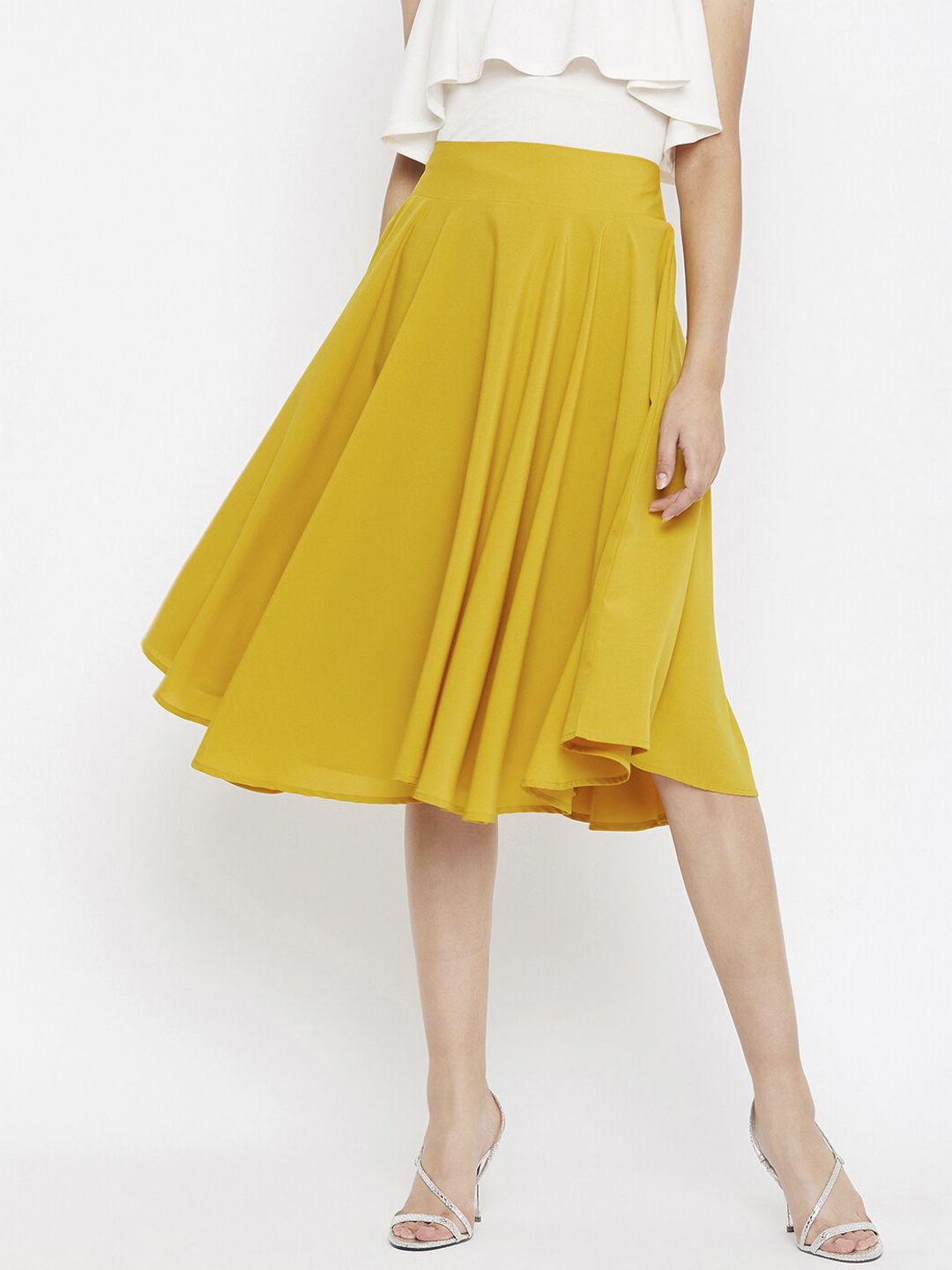 Berrylush Mustard Yellow Pleated Flared A-Line Skirt