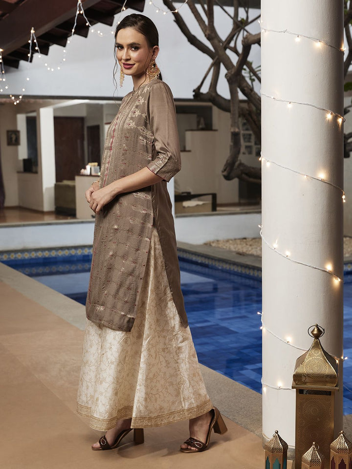 Global Desi Women White & Gold-Toned Floral Printed Flared Trousers