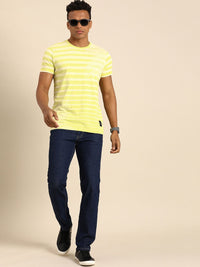 Being Human Men Lime Green & Off White Striped Pure Cotton T-shirt