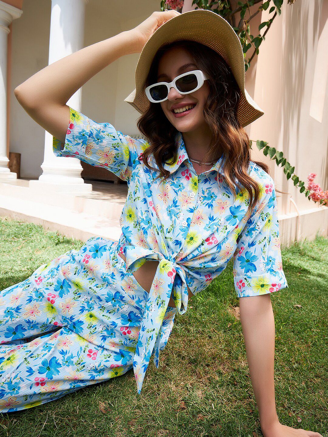 Athena Blue Floral Printed Front Knot Detail Crepe Shirt Style Crop Top