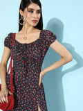 Berrylush Navy Blue Ditsy Floral Print A-Line Midi Dress