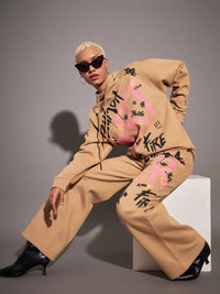 SASSAFRAS Women Beige Relaxed Fit Mid-Rise Typography Printed Fleece Track Pants