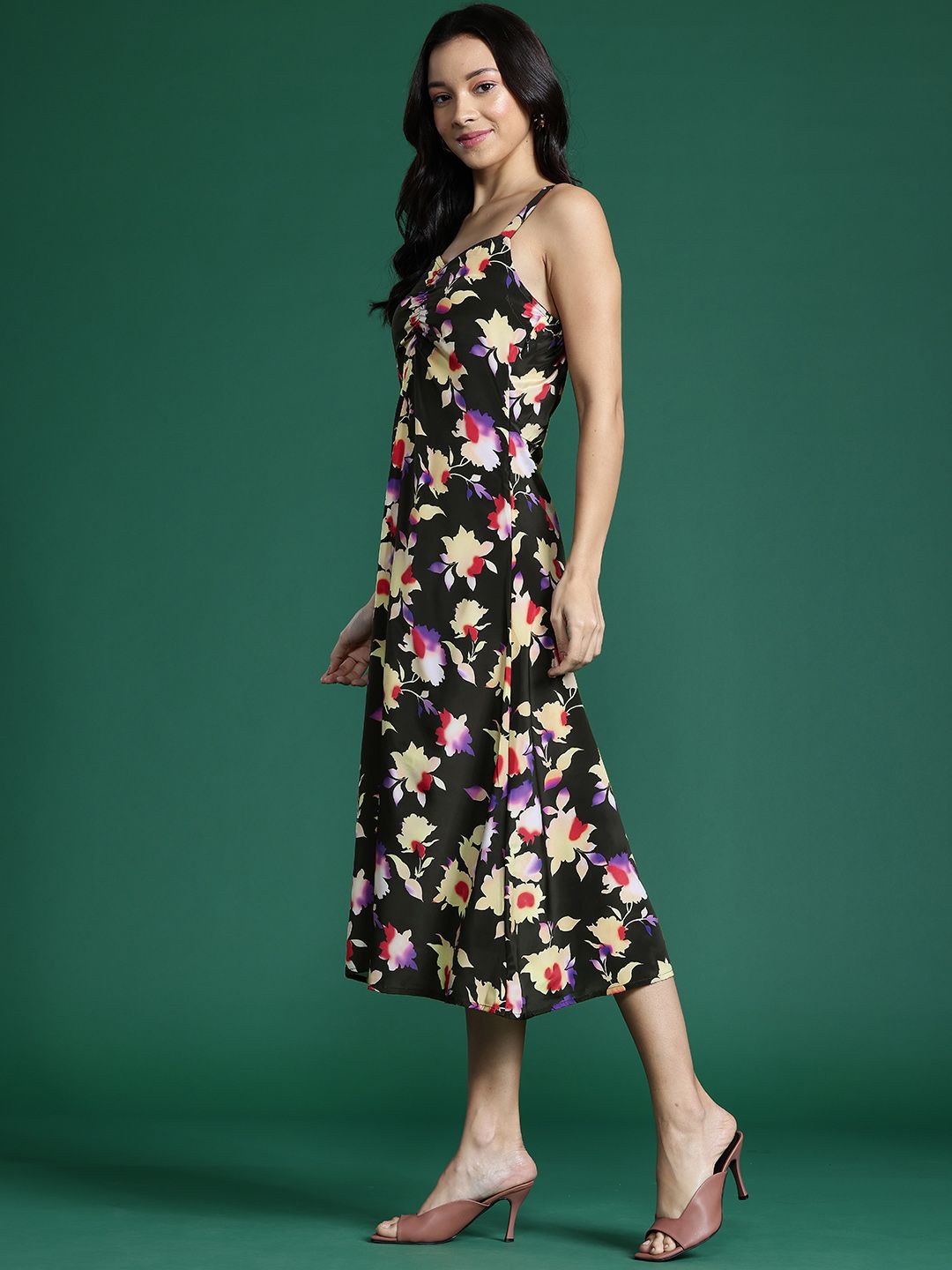 DressBerry Floral Print Ruched A-Line Midi Dress
