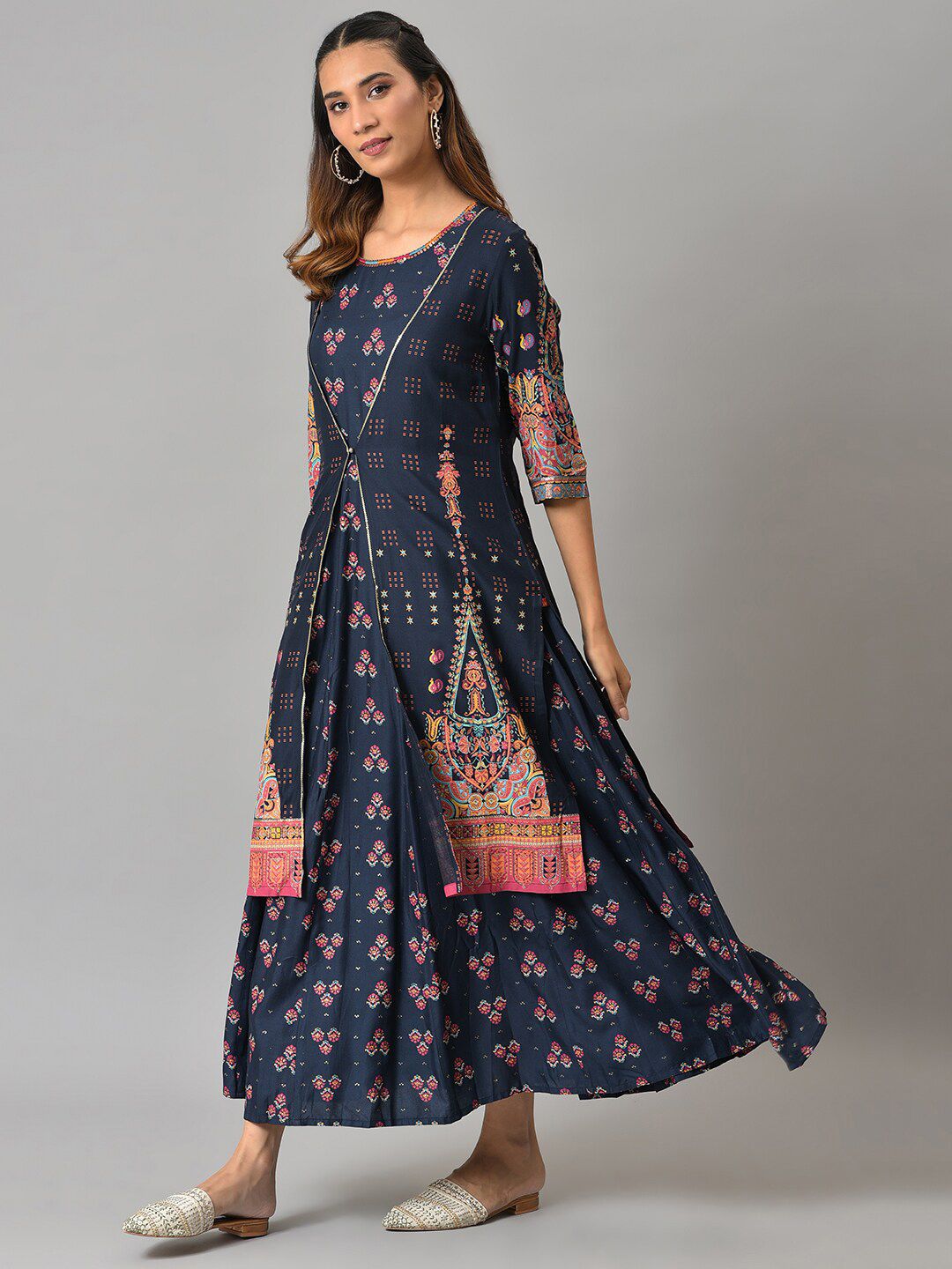 W Blue Ethnic Motifs Layered Ethnic Maxi Dress