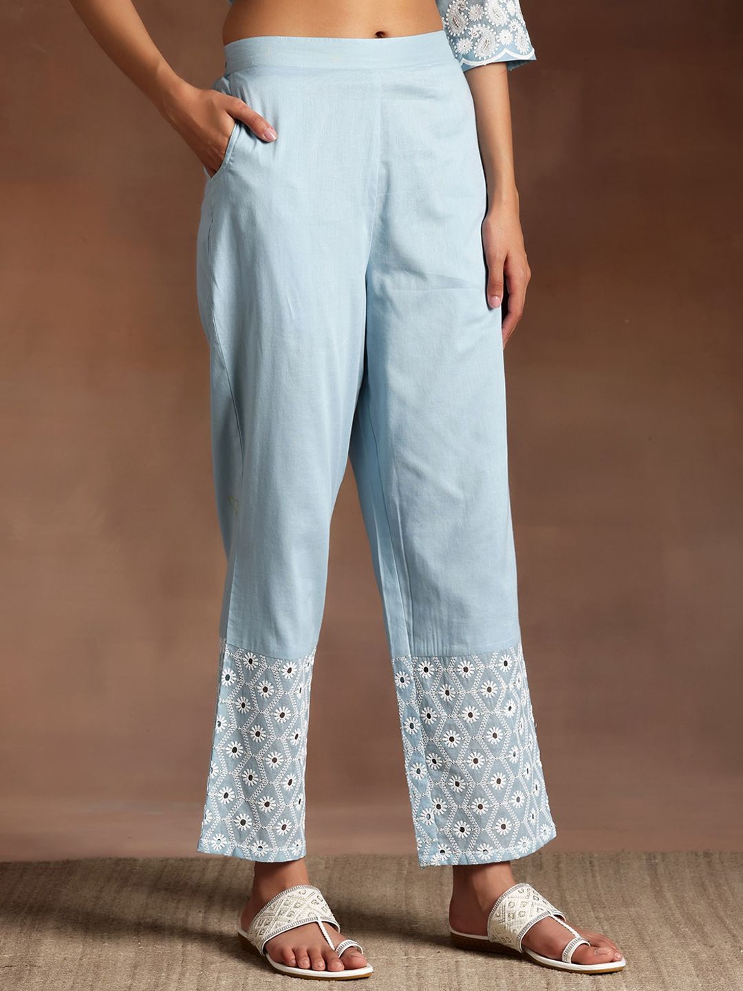 Libas Blue Paisley Embroidered V-Neck Flared Thread Work Pure Cotton A-Line Kurta Set