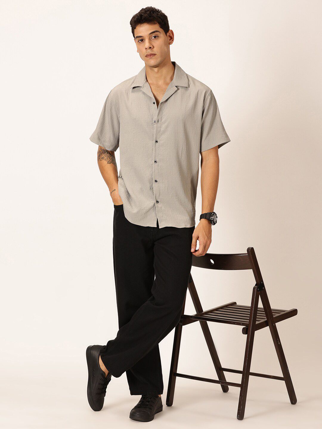 Thomas Scott Premium Slim Fit Self Design Textured Cuban Collar Seersucker Casual Shirt