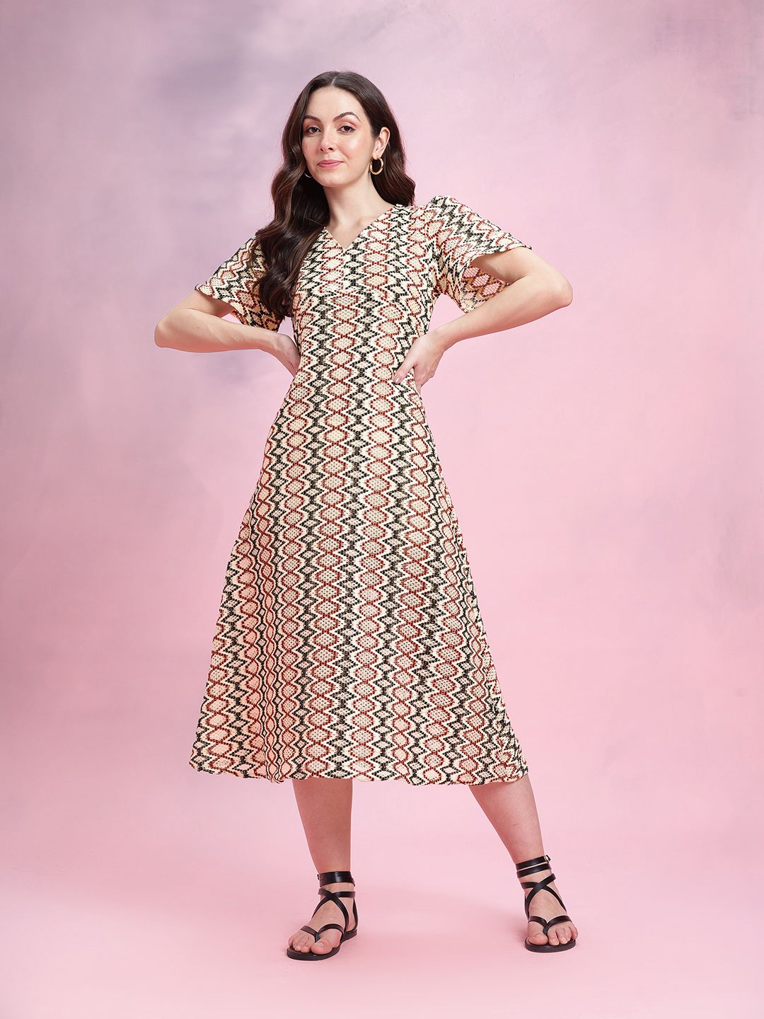 DressBerry Flared Sleeve Crochet A-Line Midi Dress