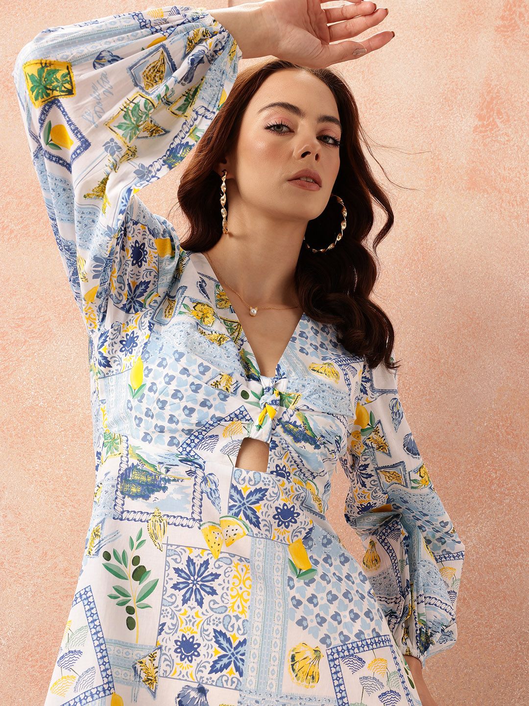 all about you Tropical Print Cut-Out Pure Cotton A-Line Midi Dress