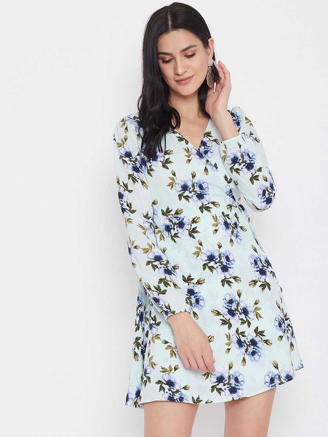 Berrylush Green Floral Crepe Dress