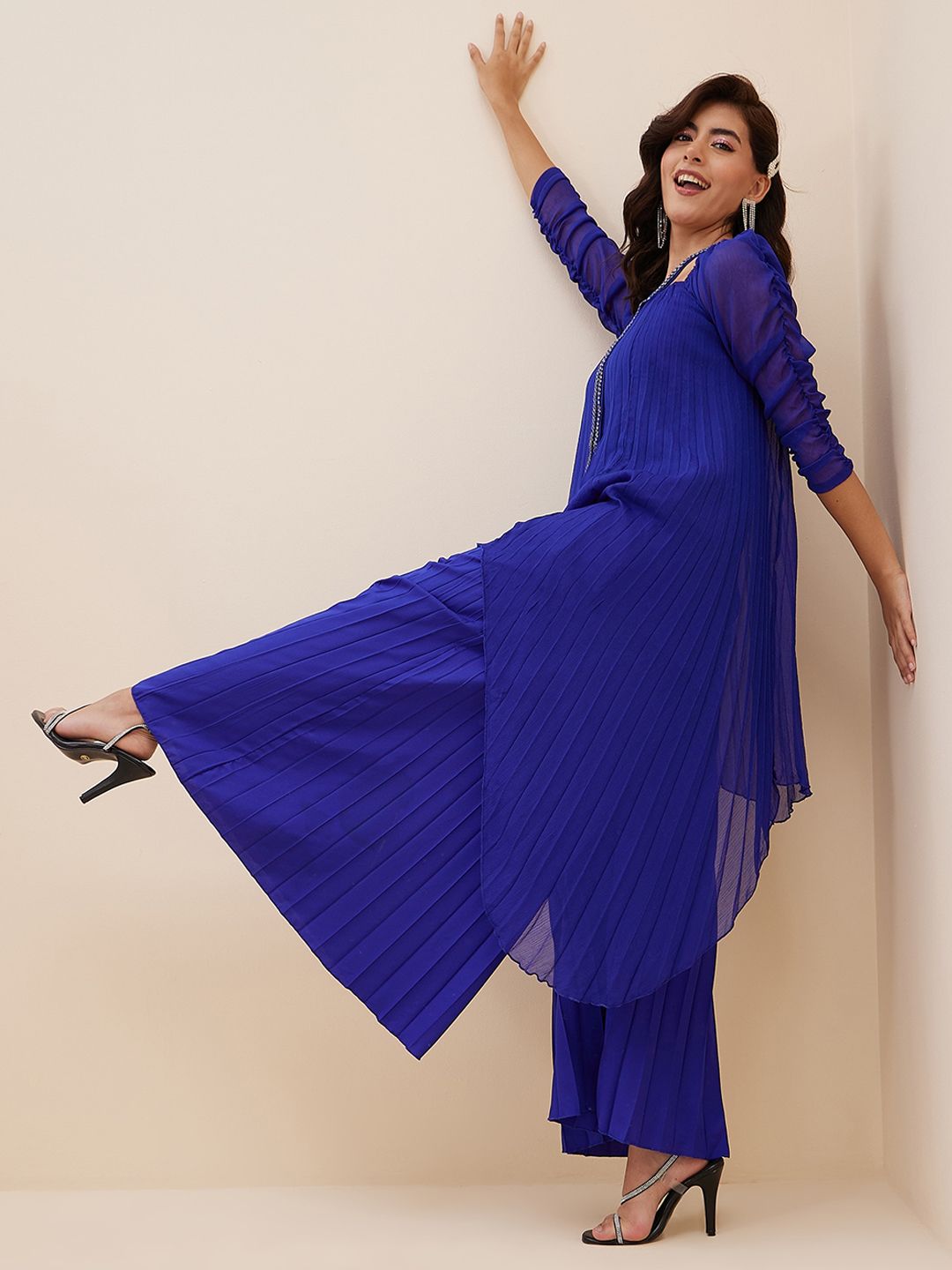 Antheaa Square Neck Puffed Sleeves Pleated A-Line Top With Palazzos