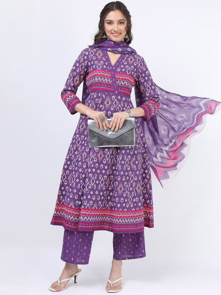 Vishudh Women Purple Printed Empire Pure Cotton Anarkali Kurta With Trousers And Dupatta