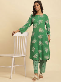 W Green Floral Printed Keyhole Neck Kurta