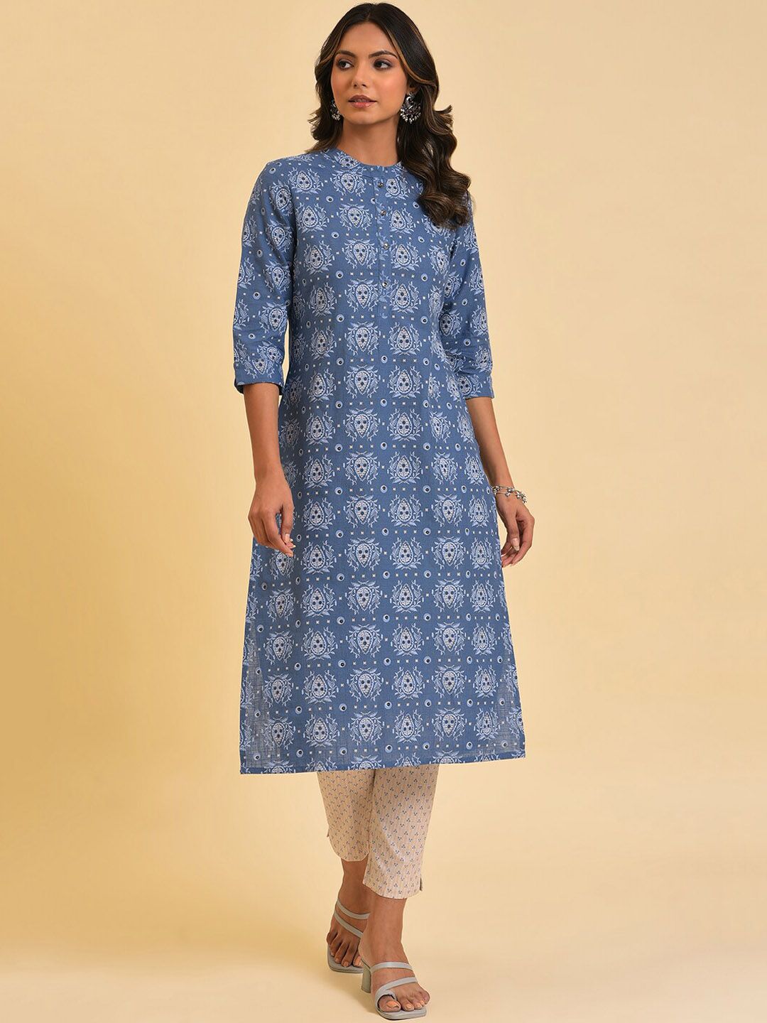 W Women Beige Printed Slim Fit Cigarette Trousers