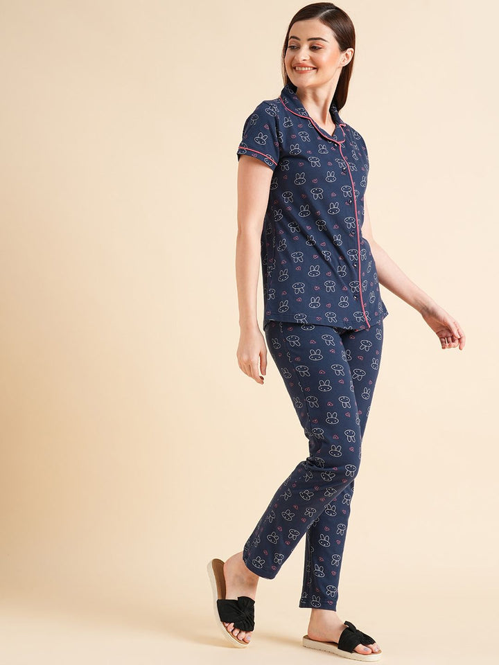 Sweet Dreams Navy Blue & White Conversational Printed Pure Cotton Night Suits