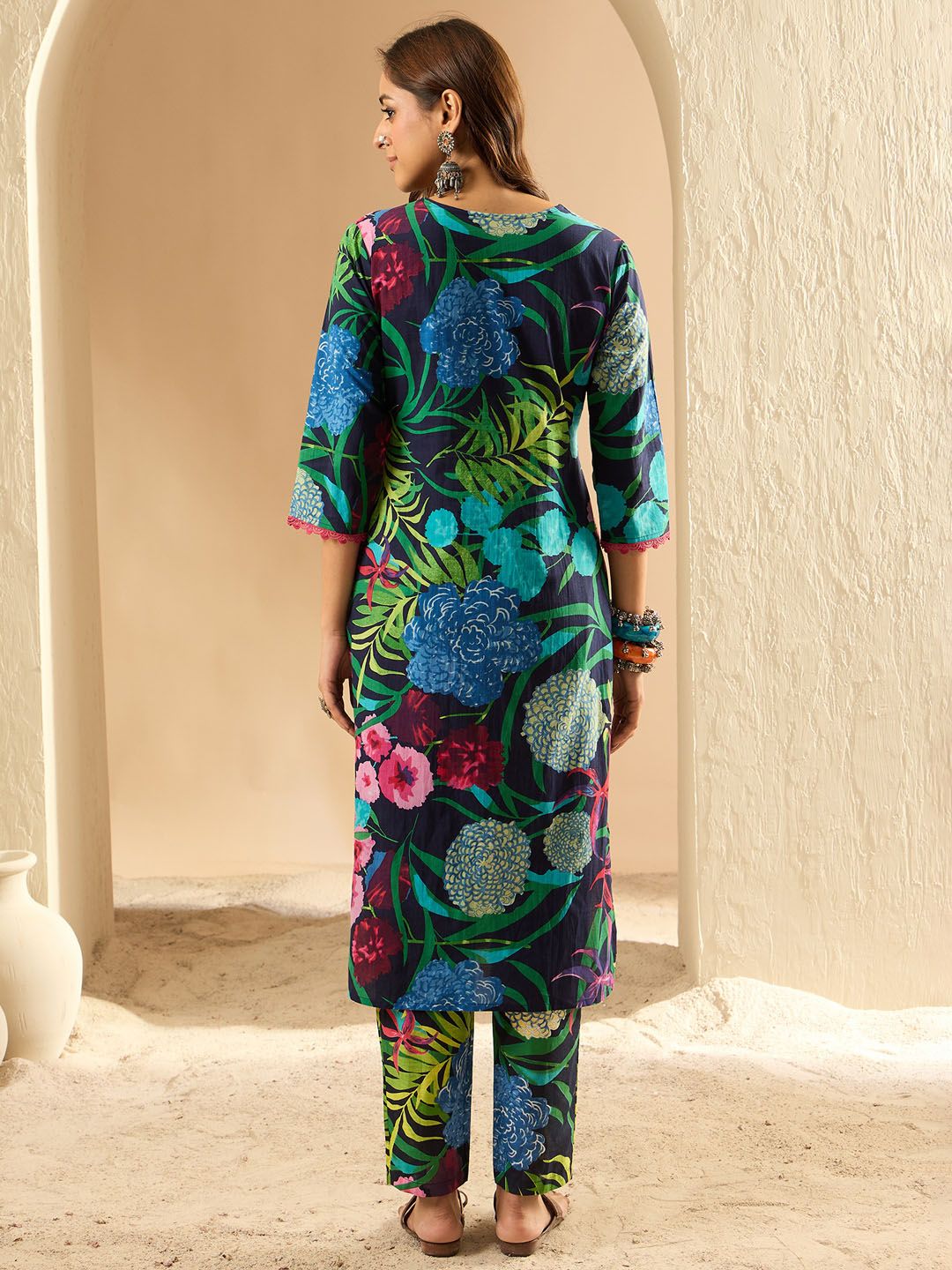 Indo Era Women Floral Printed Regular Pure Cotton Kurta with Trousers