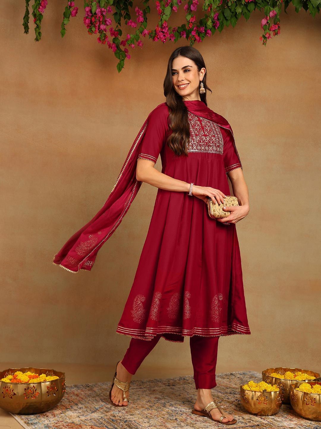 KALINI Ethnic Motifs Yoke Design Thread Work Anarkali Kurta With Trouser & Dupatta