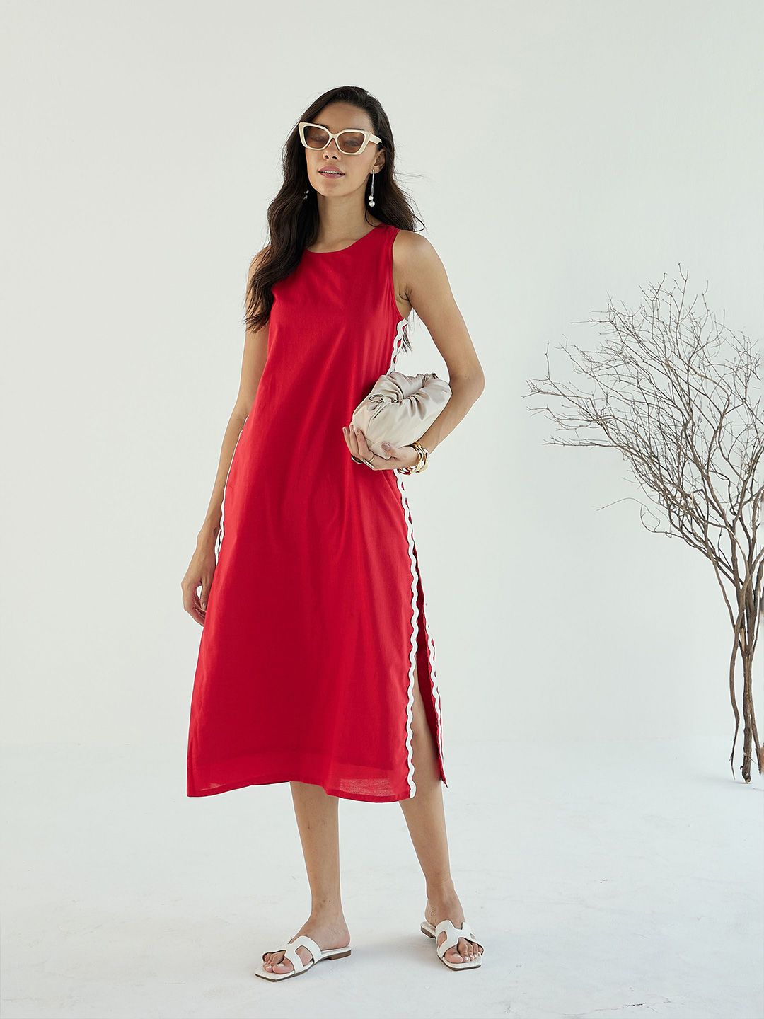 Pink Paprika by SASSAFRAS Women Solid Cotton A-Line Midi Dress