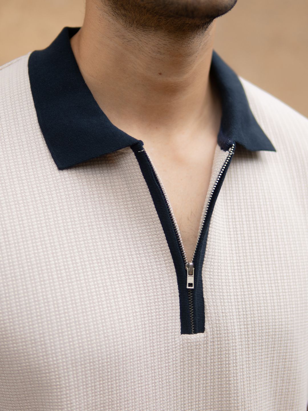 Powerlook Men Beige Contrast Collar Zipper T-Shirt