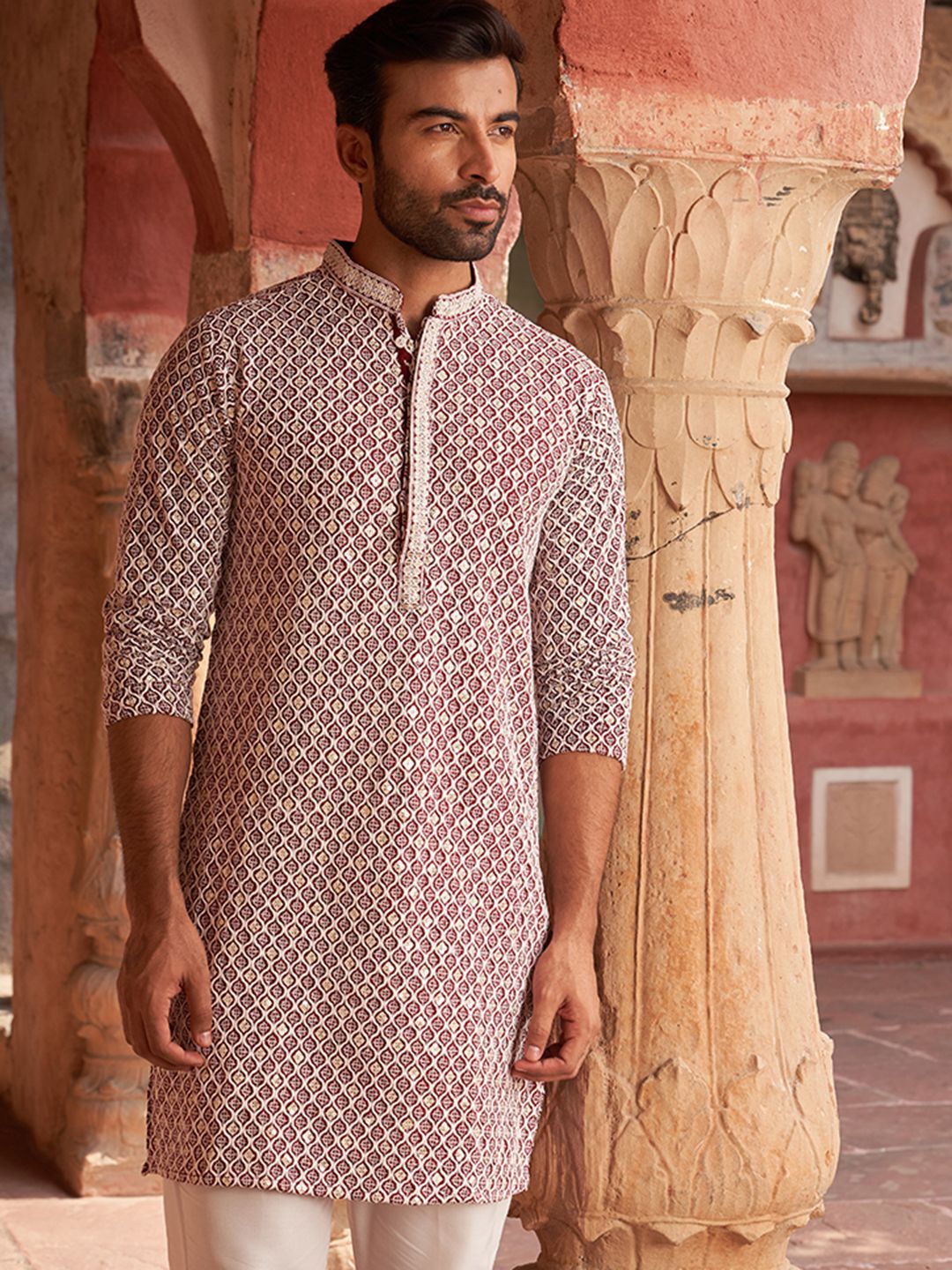 Jompers Geometric Embroidered Chikankari Mandarin Collar Pure Cotton Straight Kurta