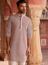 Jompers Geometric Embroidered Chikankari Mandarin Collar Pure Cotton Straight Kurta